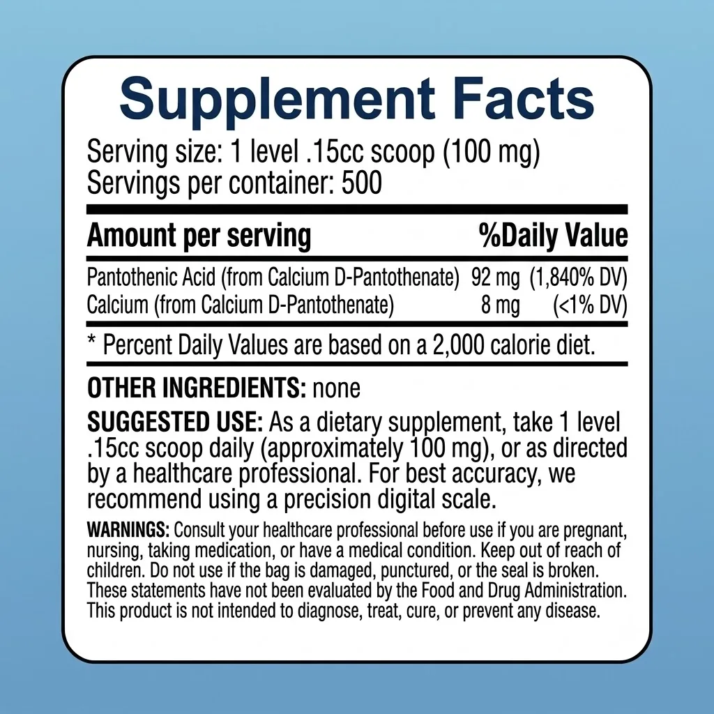 Vitamin B5 pantothenic acid powder USP grade supplement facts